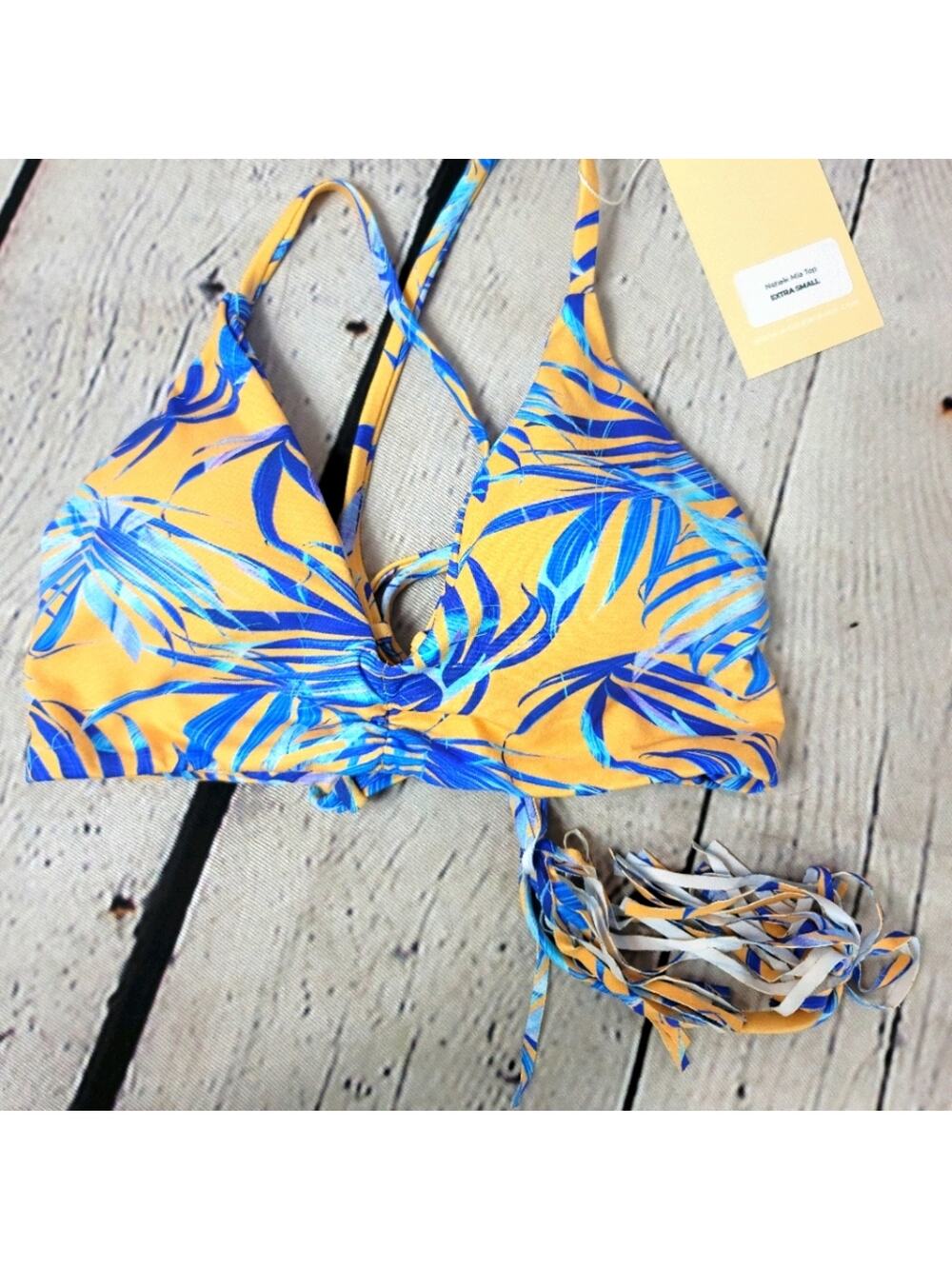 NWT MIDORI Blue Peach Nahele Mia Bikini Top Tropical Palm Print Tassel Tie Sz XS